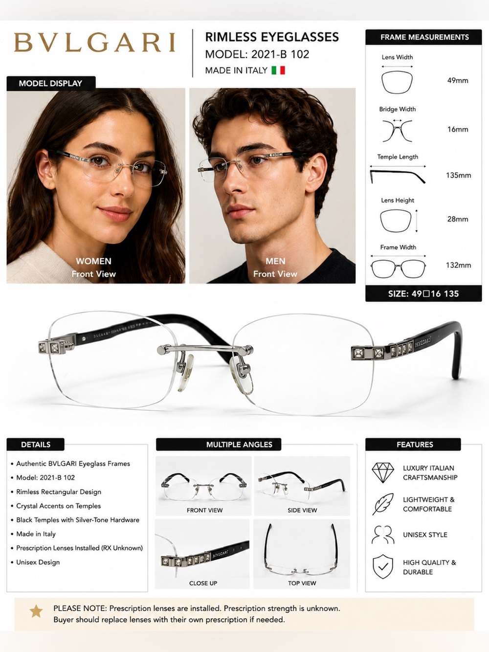 BVLGARI 2021-B 102 Rimless Eyeglasses Crystal Accent Black Silver 49-16-135